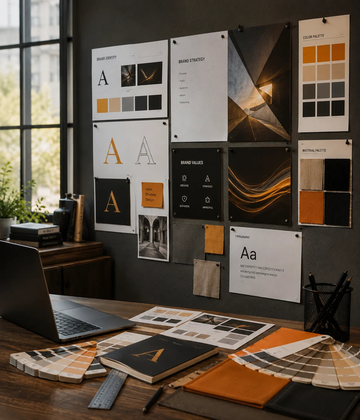 Creative studio workspace with brand boards and print samples