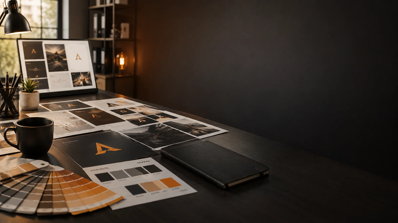 Brand strategy workspace with moodboards and swatches