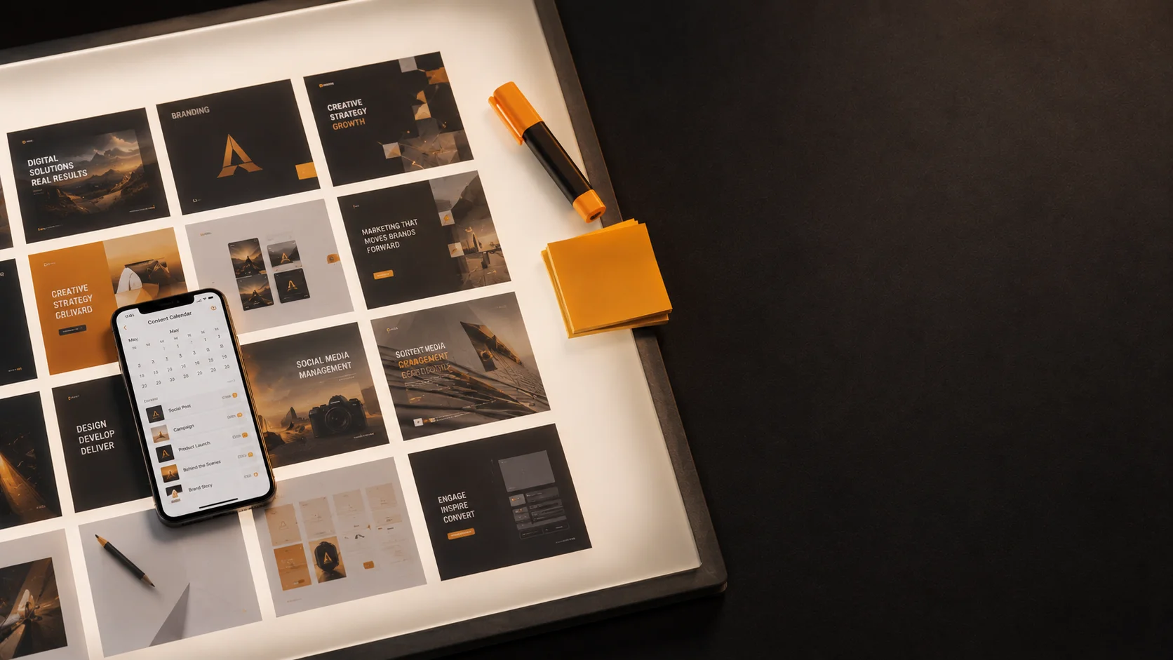 Social media content grid on a lightbox table