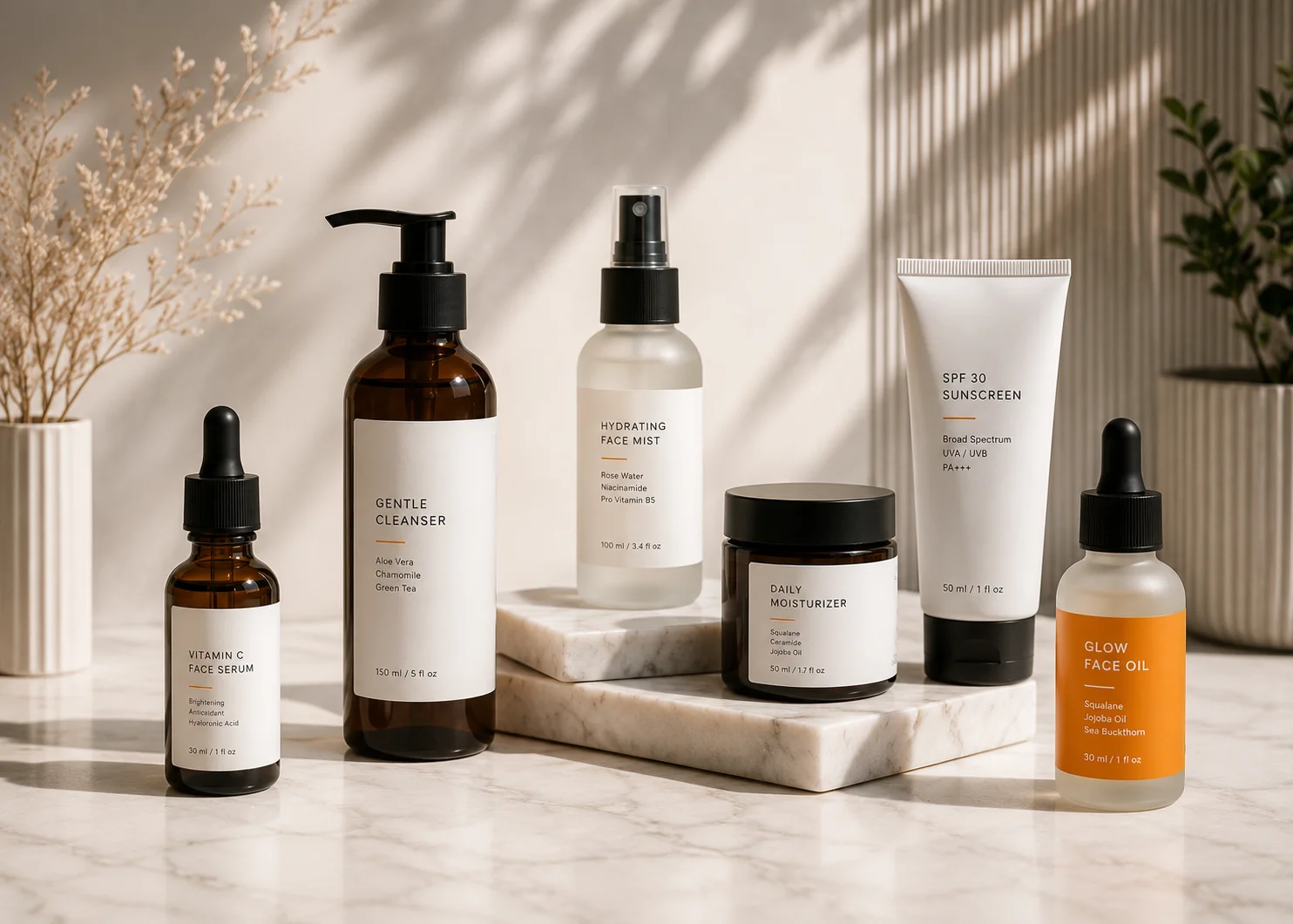 Healthcare and beauty product styling on a clean surface