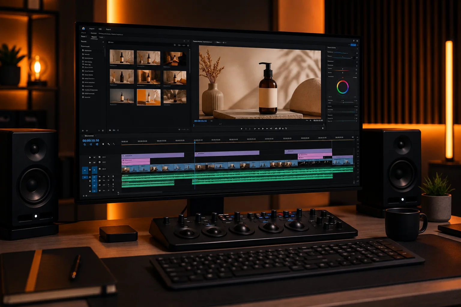AI content creation video editing timeline on monitor