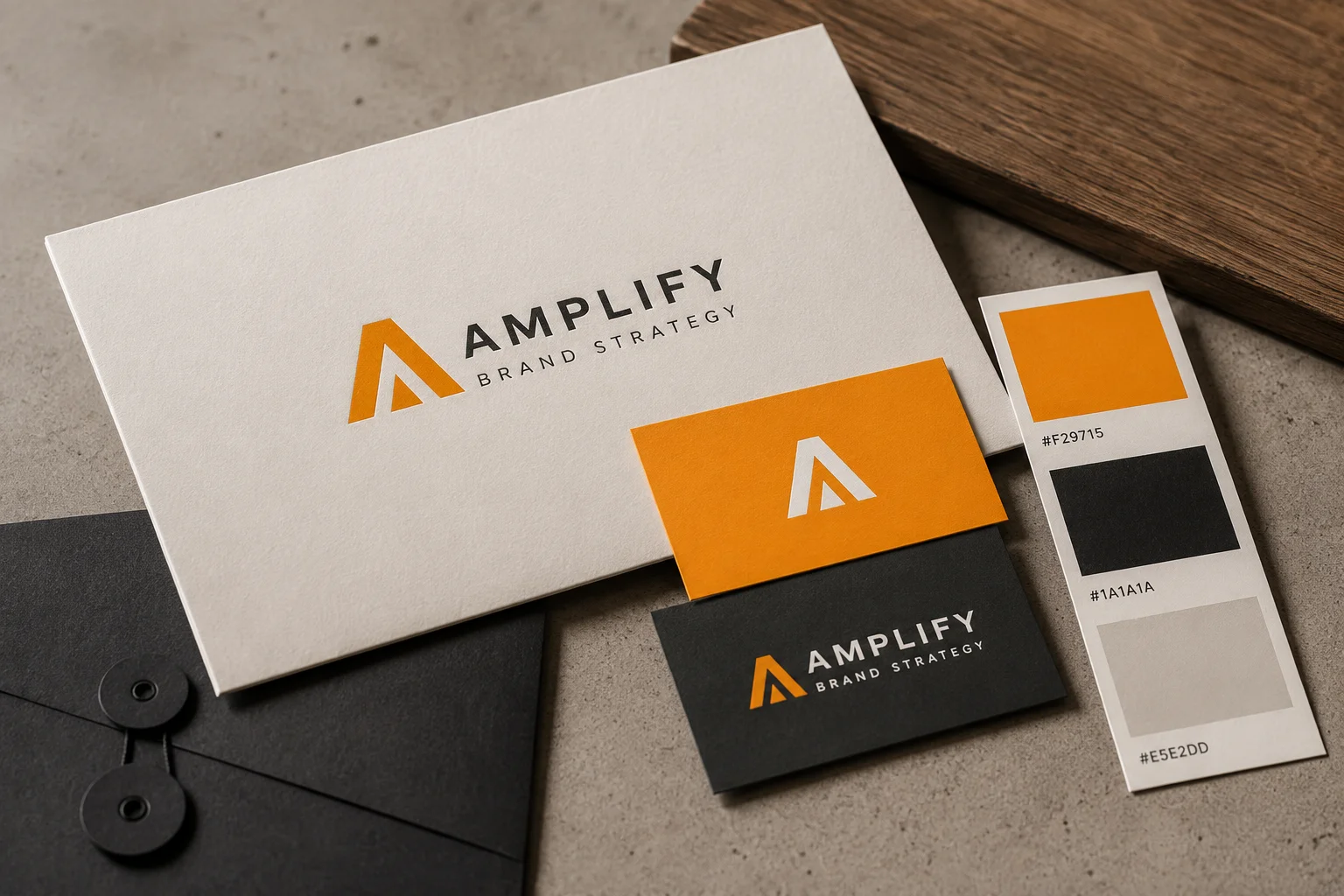 Brand identity system laid out with logo marks and color swatches