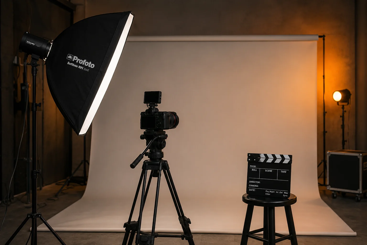 Creative production set with camera and lighting equipment