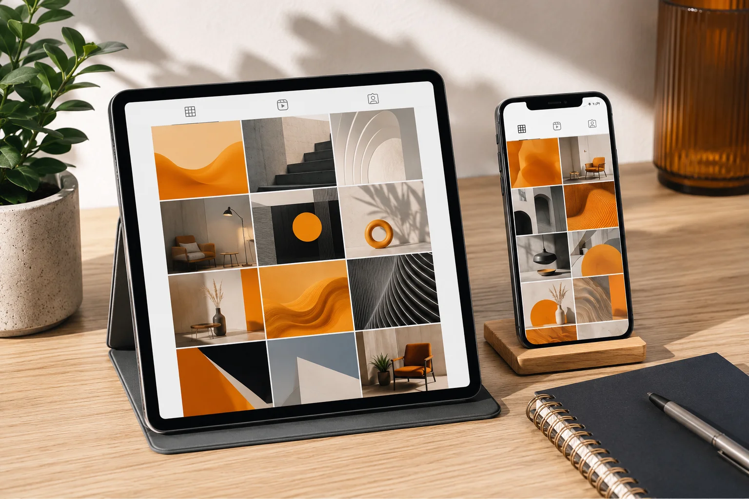 Social media content calendar and post templates on screen